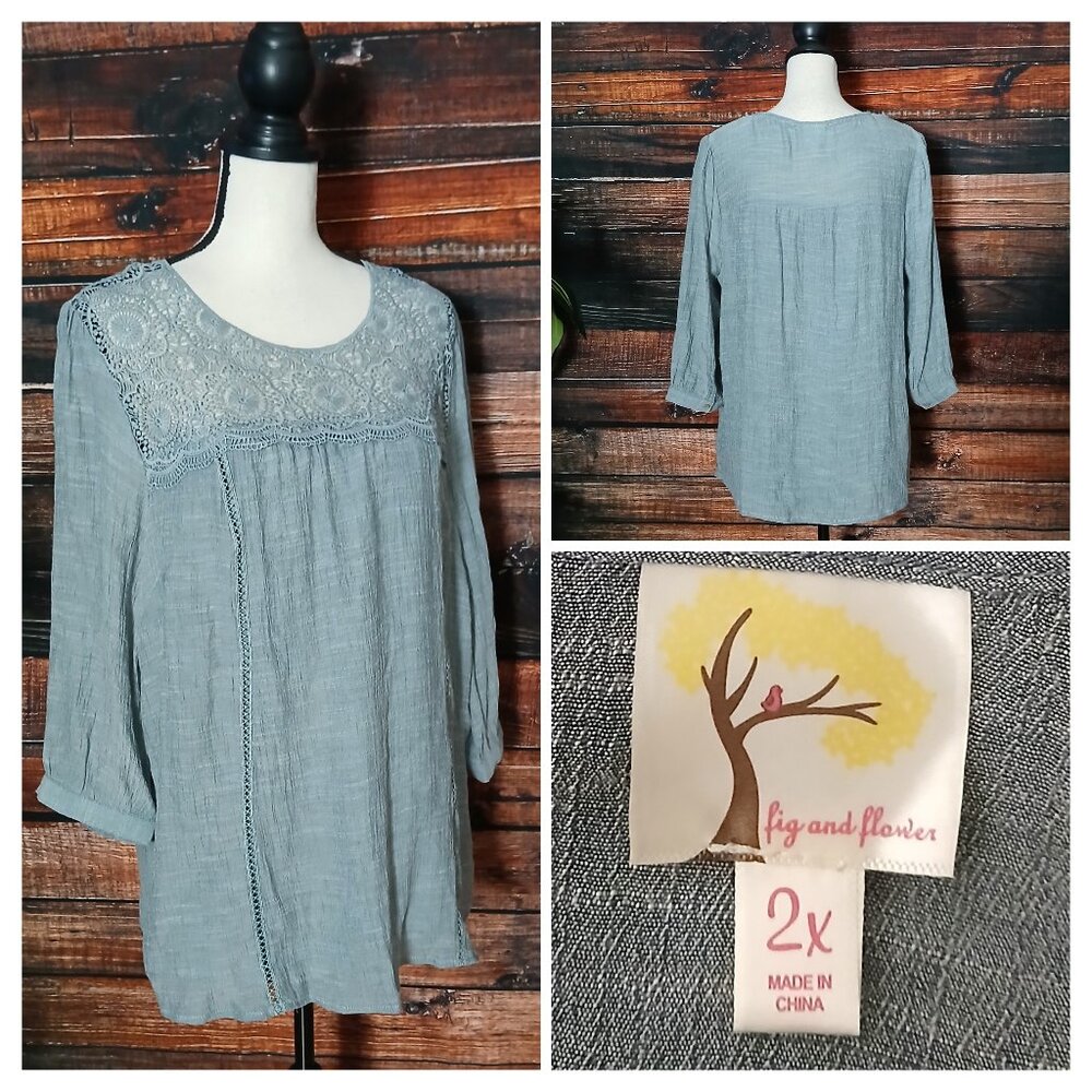 Fig & Flower Anthropologie 2X Peasant Top Gray Crepe Crochet 3/4 Sleeve
